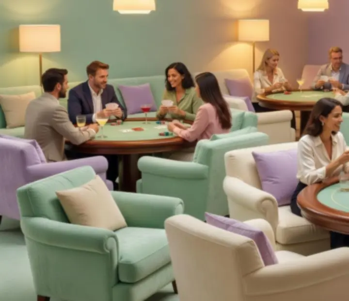 Pasztell színekben berendezett kártyaszalon lounge hangulatos világítással