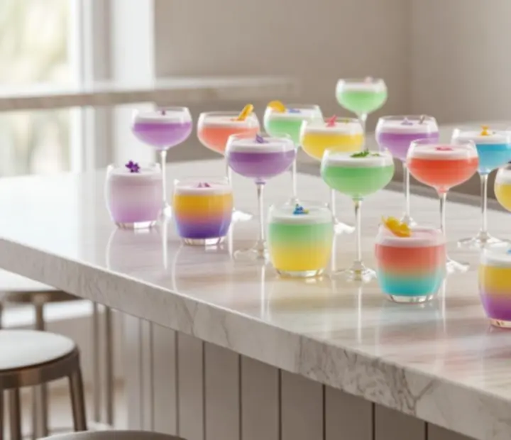 Színes koktélok pastel hangulatú bárpulton a Magyar Flavorban
